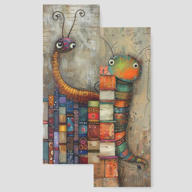 Quirky Whimsical Bookworm Illustration Two-sided Bookmarks (Front & Back)