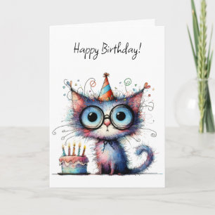 Quirky Whimsical Cat Party Hat Cake Birthday Card