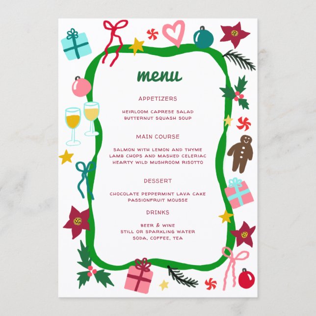 Quirky Whimsical Christmas CUSTOM Holiday Party Menu (Front)
