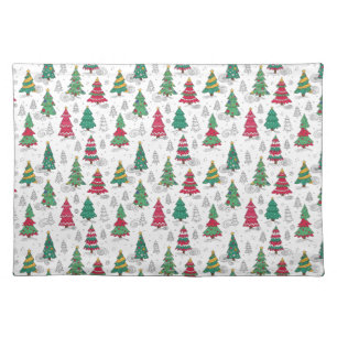 Quirky Whimsical Decorated Christmas Trees Doodles Cloth Placemat