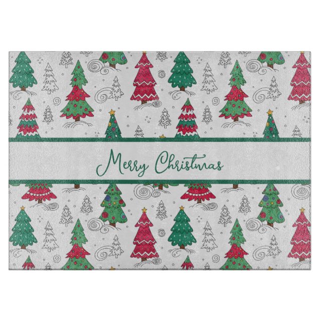 Quirky Whimsical Decorated Christmas Trees Doodles Cutting Board (Front)