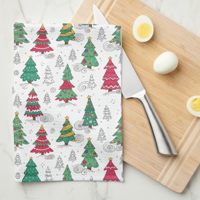 Quirky Whimsical Decorated Christmas Trees Doodles Kitchen Towel (Quarter Fold)