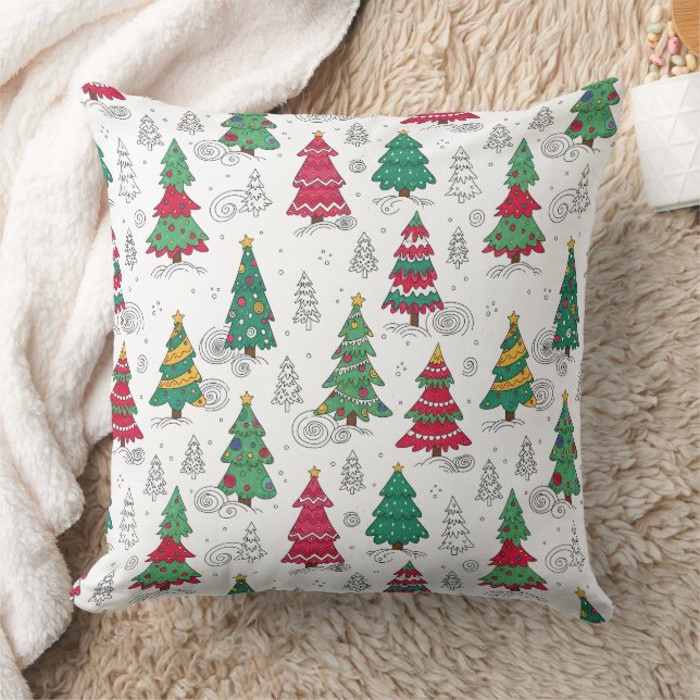 Quirky Whimsical Decorated Christmas Trees Doodles Throw Pillow (Blanket)