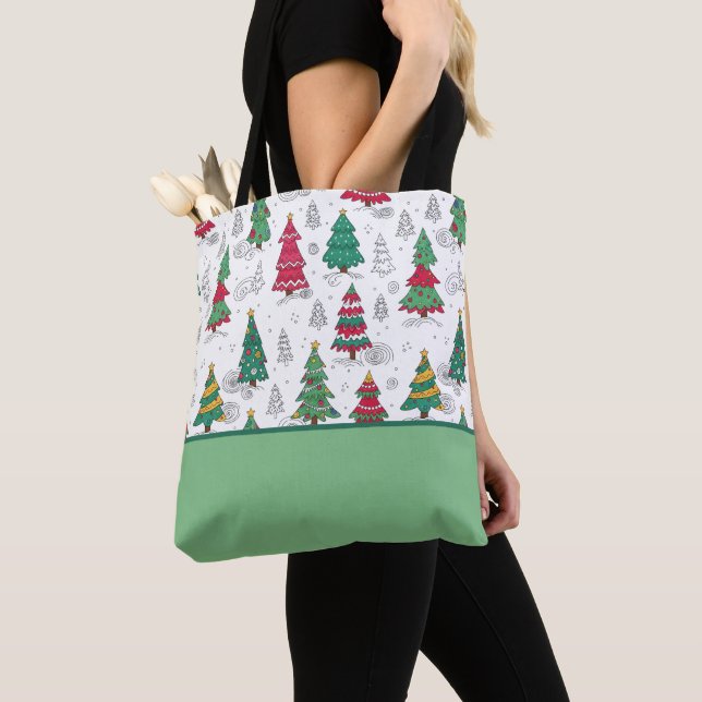Quirky Whimsical Decorated Christmas Trees Doodles Tote Bag (Close Up)