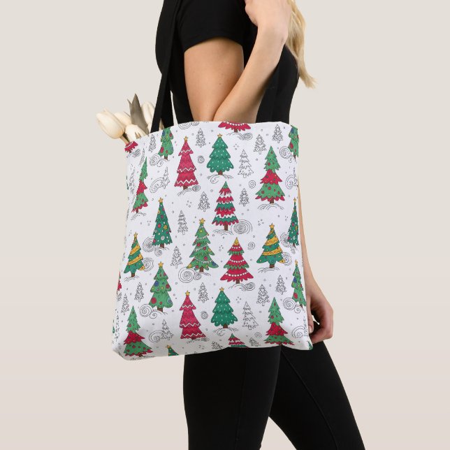 Quirky Whimsical Decorated Christmas Trees Doodles Tote Bag (Close Up)