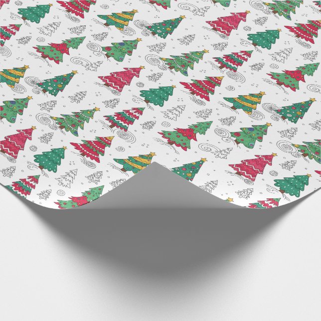 Quirky Whimsical Decorated Christmas Trees Doodles Wrapping Paper (Corner)