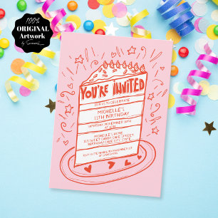 Quirky Whimsical Fun Hand Drawn Birthday Cake Invitation