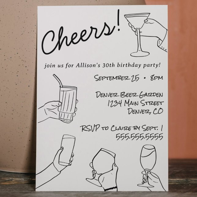 Quirky Whimsical Hand Drawn Cheers Party Invitation (Hand drawn whimsical quirky funky cheers cocktail birthday party invitation modern black and white )