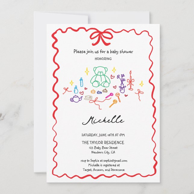Quirky Whimsical Hand Drawn Doodle Baby Shower Invitation (Front)