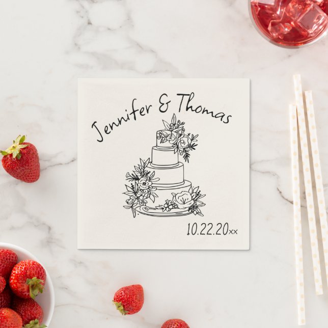 Quirky Whimsical Hand Drawn Doodle Cake Wedding Napkins (Insitu)