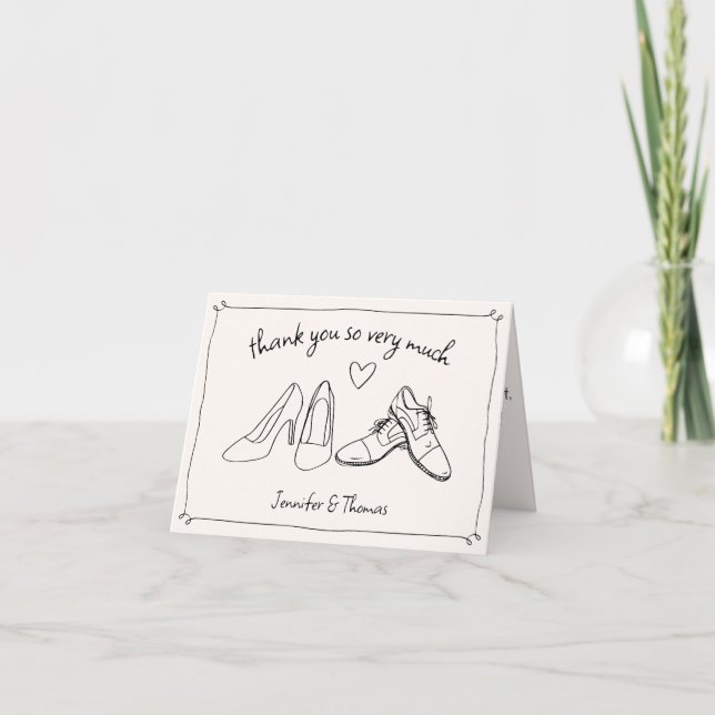 Quirky Whimsical Hand Drawn Doodle Shoes Wedding Thank You Card (Front)