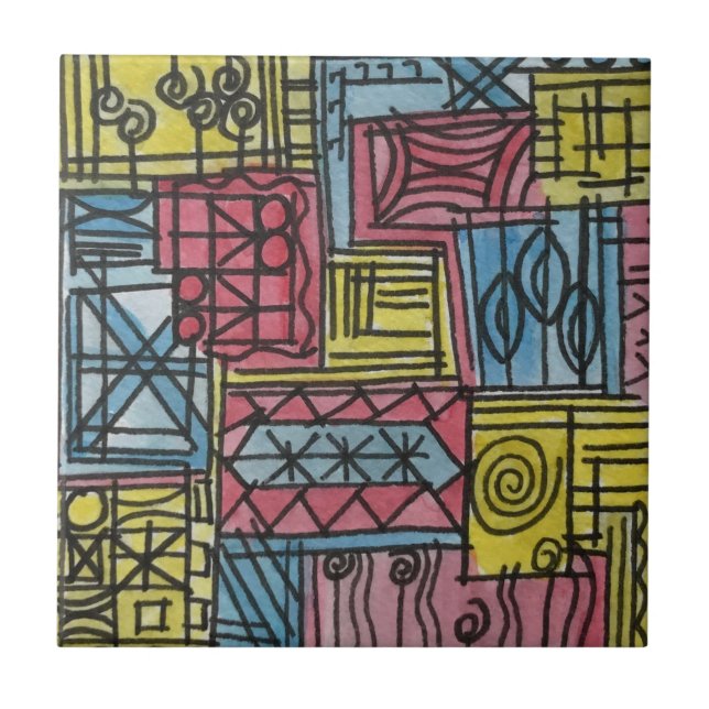Quirky-Whimsical Hand Painted Abstract Art Ceramic Tile (Front)