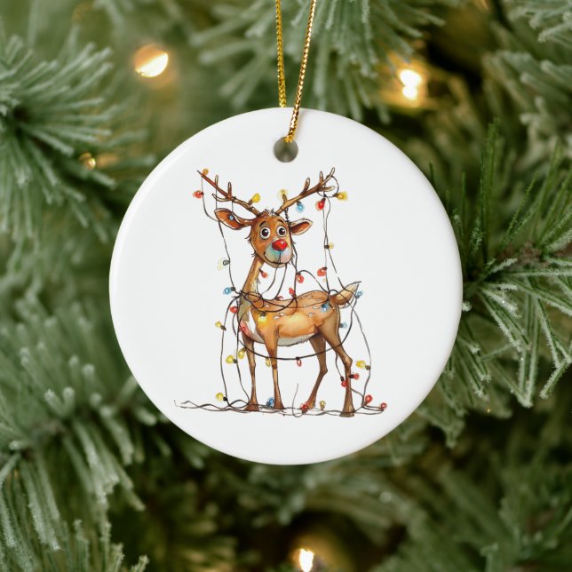 Quirky Whimsical Red Nosed Reindeer with Lights Ceramic Ornament (Tree)