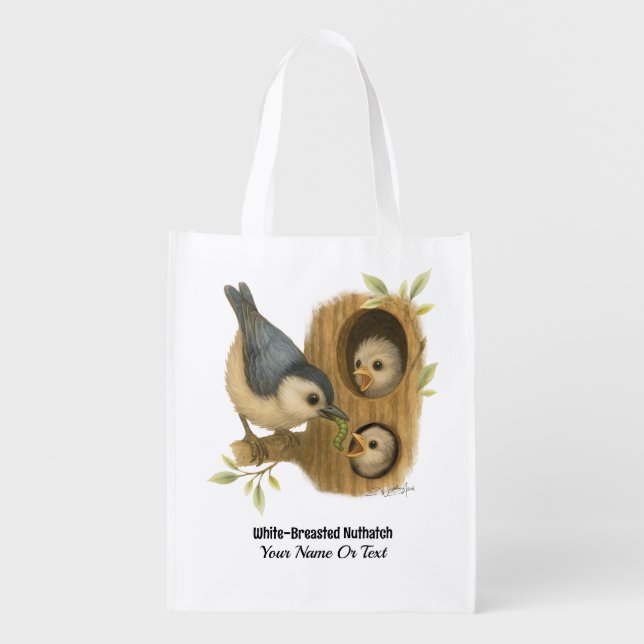 Quirky White-Breasted Nuthatch Grocery Bag (Front)