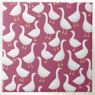 Quirky White Goose Berry Red Cottagecore Pattern Ceramic Tile