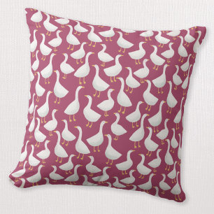 Quirky White Goose Berry Red Cottagecore Pattern Throw Pillow