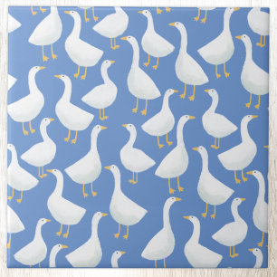 Quirky White Goose Blue Cottagecore Pattern Ceramic Tile