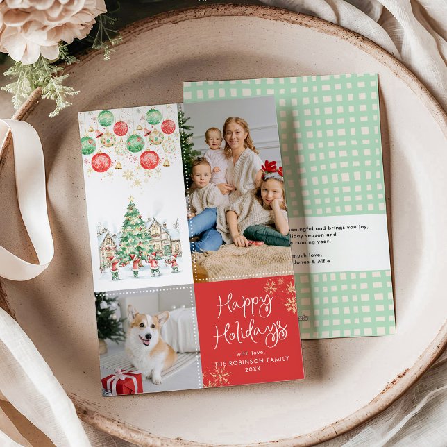 Quirky Winter Village Red Merry Christmas 2 Photo Holiday Card (Creator Uploaded)