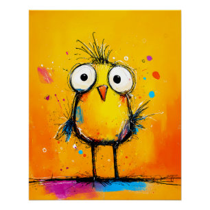 Quirky yellow bird with big eyes comic style poster