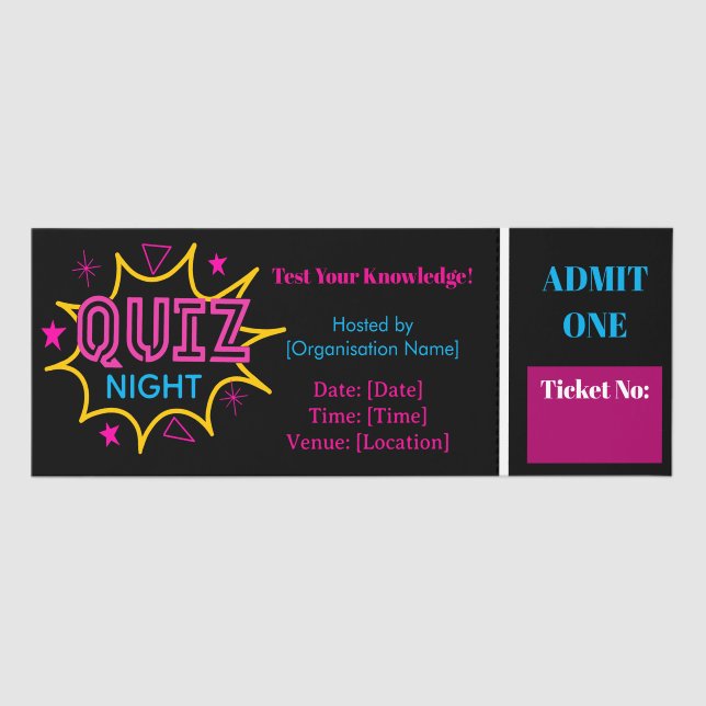Quiz Night Entry Ticket Template | Fundraiser Triv (Front)