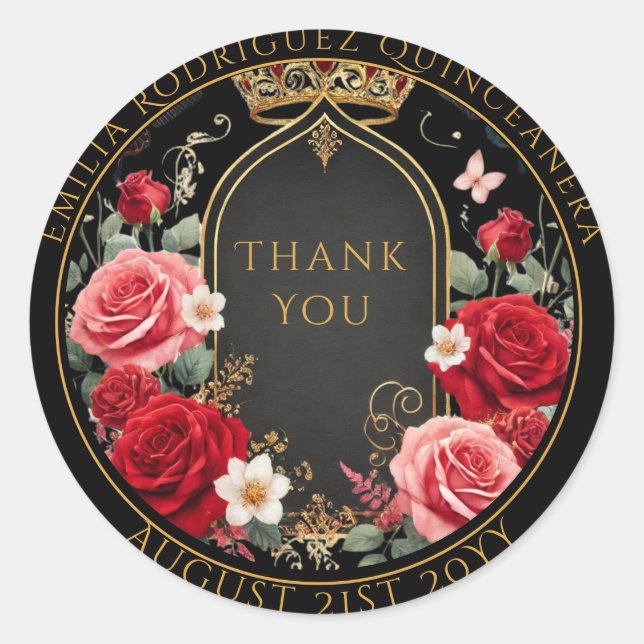 Quniceanera Favor Bag Black Gold Floral Red Roses Classic Round Sticker (Front)