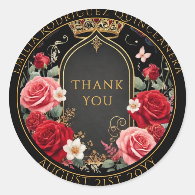 Quniceanera Favor Bag Red Roses Floral Thank You Classic Round Sticker (Front)