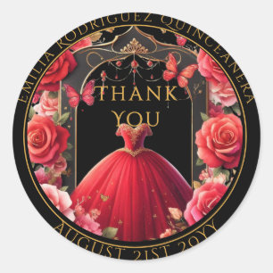 Quniceanera Favor Gifts Red Roses Dress Thank You Classic Round Sticker