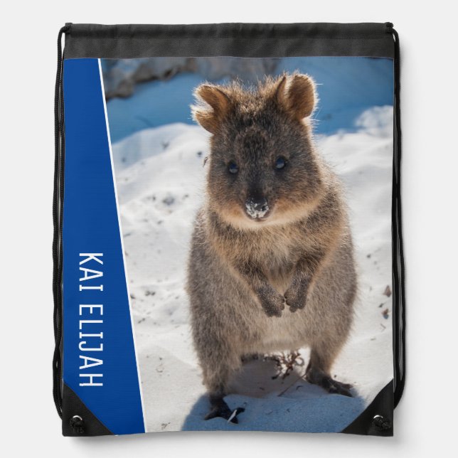 Quokka Cute Animal on the Beach Australia Blue Drawstring Bag (Front)