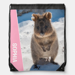 Quokka Cute Animal on the Beach Australia Pink Drawstring Bag