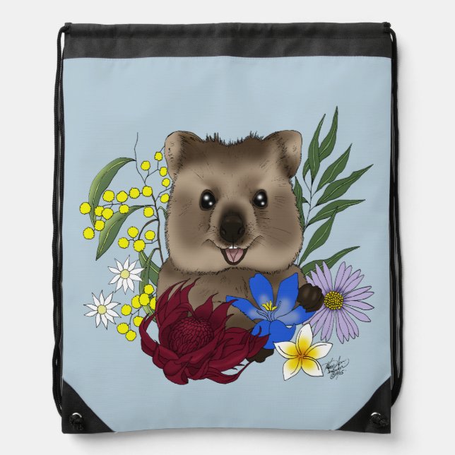 Quokka Happy Australia Floral Blue Drawstring Bag (Front)