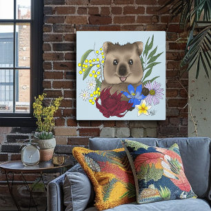 Quokka Happy Australia Floral Blue Metal Print