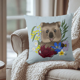 Quokka Happy Australia Floral Blue Throw Pillow