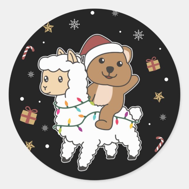 Quokka Llama Christmas Snow Winter Animals Classic Round Sticker (Front)