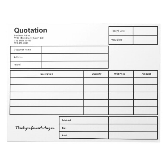 Quotation Black and White Simple Business Template Notepad (Front)