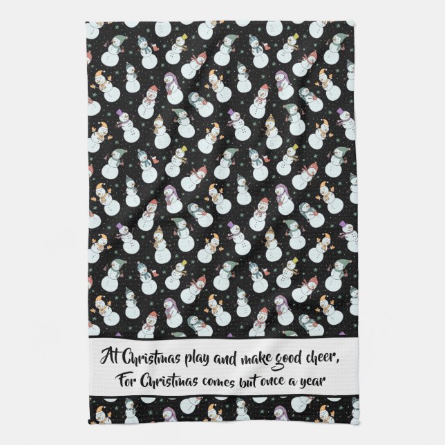 Quote Kids Christmas Snowman in Hats Black/White Kitchen Towel (Vertical)