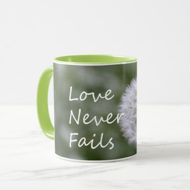 Quote Love Never Fails Dandelion 1 Corinthians 13 Mug (Front Left)