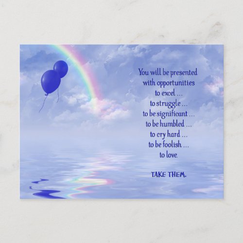 Quote with blue balloons and rainbow holiday postcard