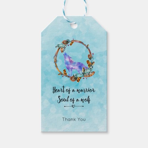 Quote with Howling Wolf in a Boho Wreath Gift Tags