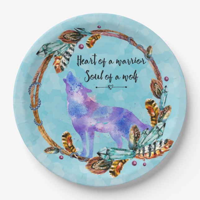 Quote with Howling Wolf in a Boho Wreath Paper Plates (Front)