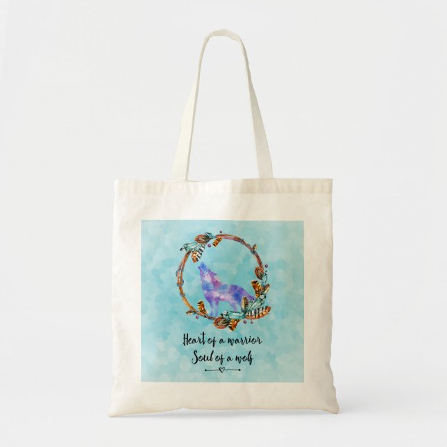 Quote with Howling Wolf in a Boho Wreath Tote Bag (Front)