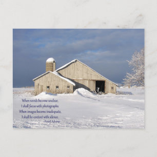 Quote with old barn in winter holiday postcard