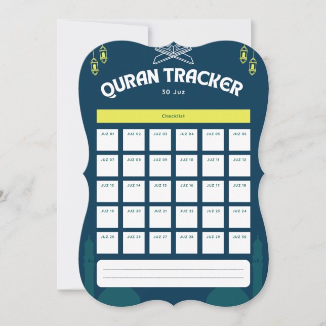 Quran Tracker All 30 JUZ  Note Card (Front)