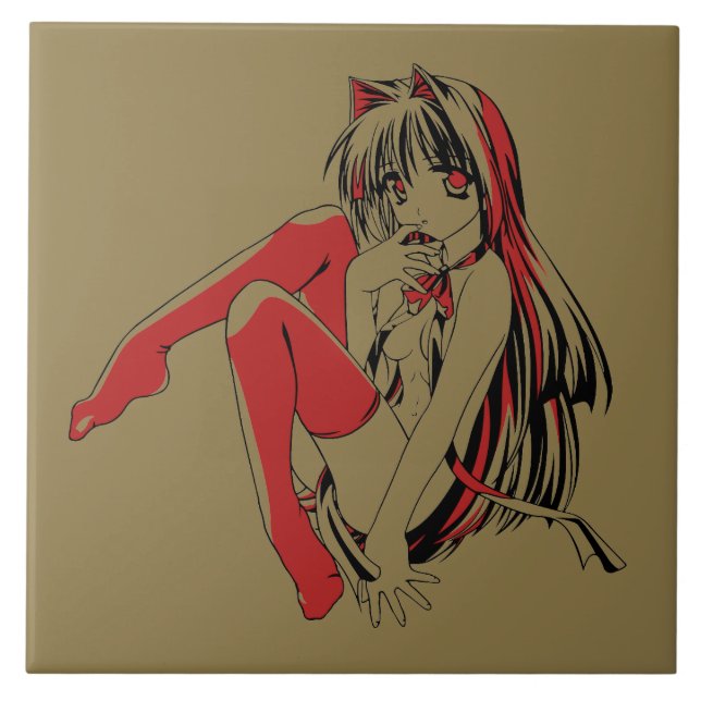 R & B Manga, Neko Catgirl Furry Loli Anime Ceramic Tile (Front)