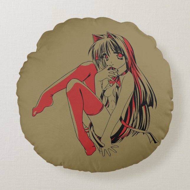 R & B Manga, Neko Catgirl Furry Loli Anime Round Pillow (Front)