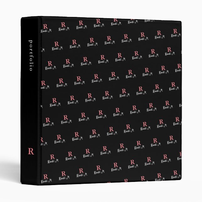 R custom Pink Monogram stamped allover Black 3 Ring Binder (Front/Spine)