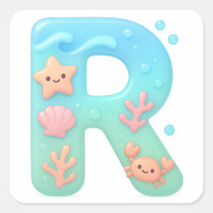 "R" Cute Letter - Underwater Sea Creature Square Sticker