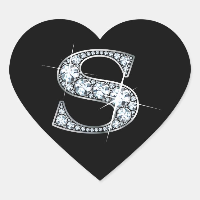 "R" Diamond Bling on Black Heart Sticker (Front)