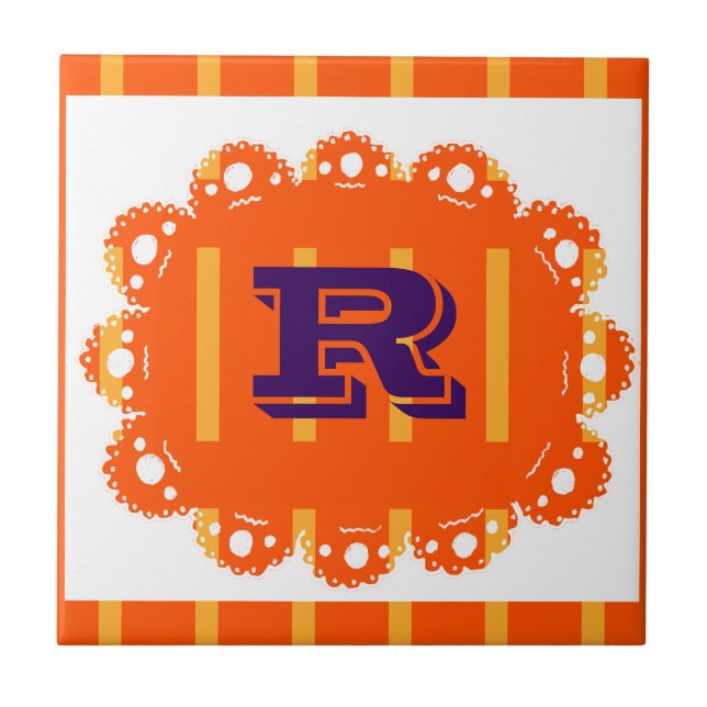 R for Retro customizable orange Ceramic Tile (Front)
