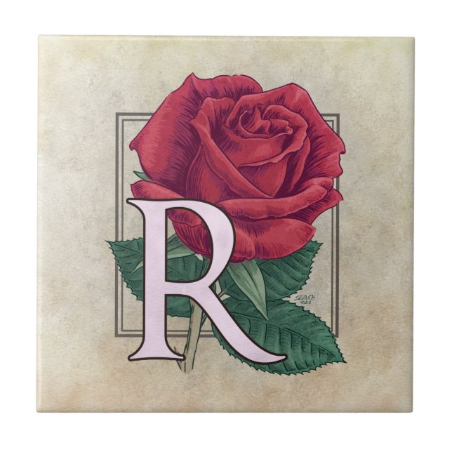 R for Roses Flower Floral Monogram Tile (Front)