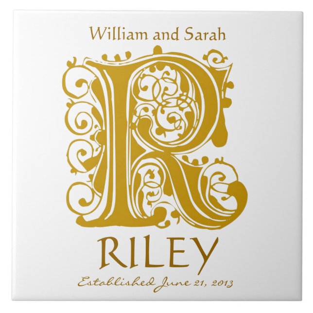 R Gold Monogram on White - Names Wedding Date Tile (Front)